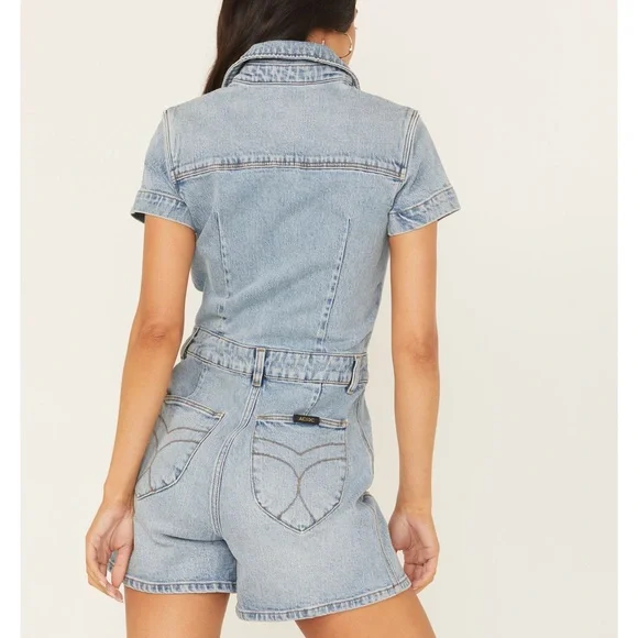ROLLA'S X AC/DC LIGHT WASH LIGHTENING SHORT SLEEVE DENIM ROMPER NWT M /10 - Picture 3 of 6